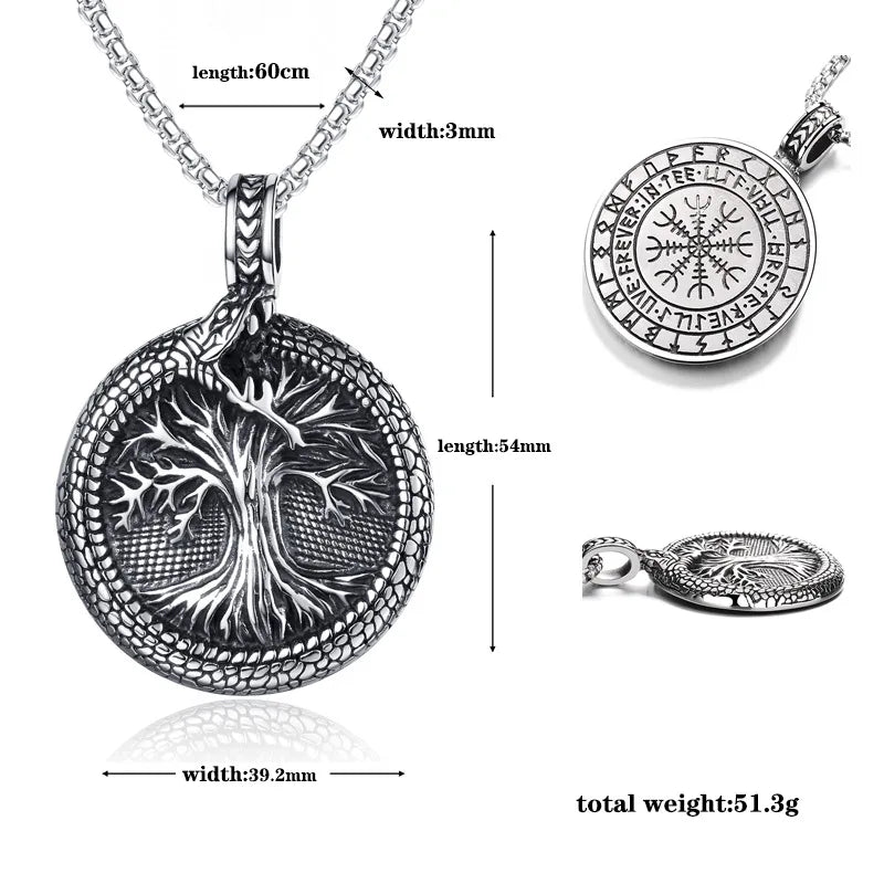 Jewelryhaven720™ Nordic Yggdrasil Viking Tree of Life Pendant Necklace Stainless Steel Viking Ourobles Necklace Men Vintage Fashion Charm Jewelry