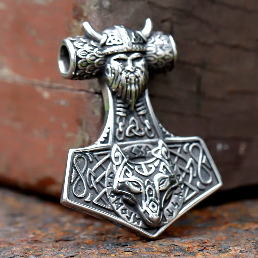 Jewelryhaven720™ 2023 Vintage Viking Thor And Wolf Head Celtic Knot Pendant Necklace 316L Stainless Steel Men Chain Odin Gothic Amulet Jewelry