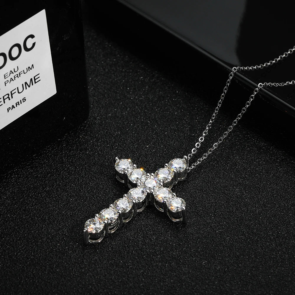 Jewelryhaven720™ Solid Moissanite Cross Pendant Necklace, Original 925 Sterling Silver Chain with 18K White Gold Plated.