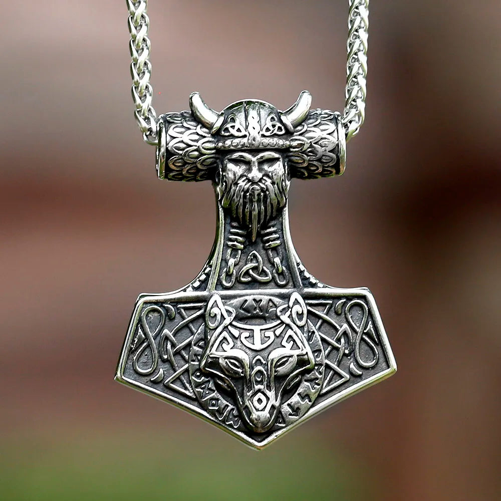 Jewelryhaven720™ 2023 Vintage Viking Thor And Wolf Head Celtic Knot Pendant Necklace 316L Stainless Steel Men Chain Odin Gothic Amulet Jewelry