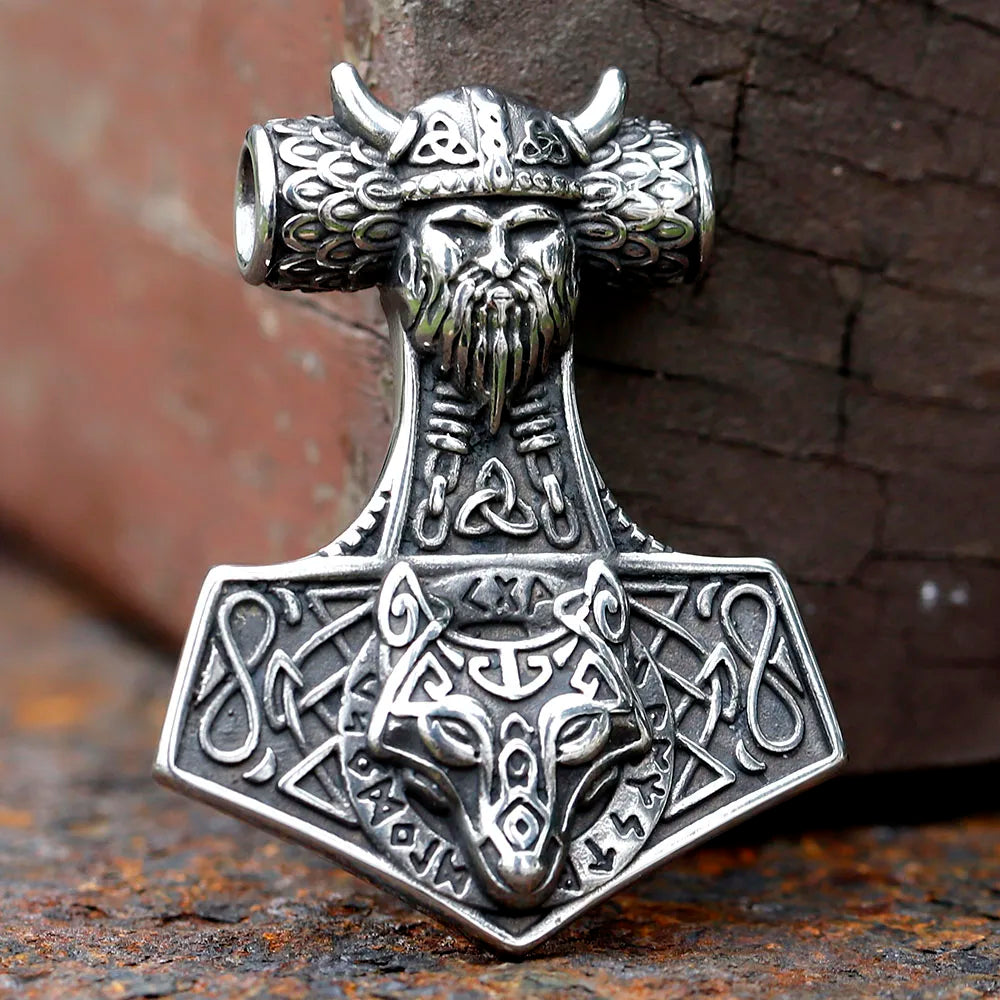 Jewelryhaven720™ 2023 Vintage Viking Thor And Wolf Head Celtic Knot Pendant Necklace 316L Stainless Steel Men Chain Odin Gothic Amulet Jewelry