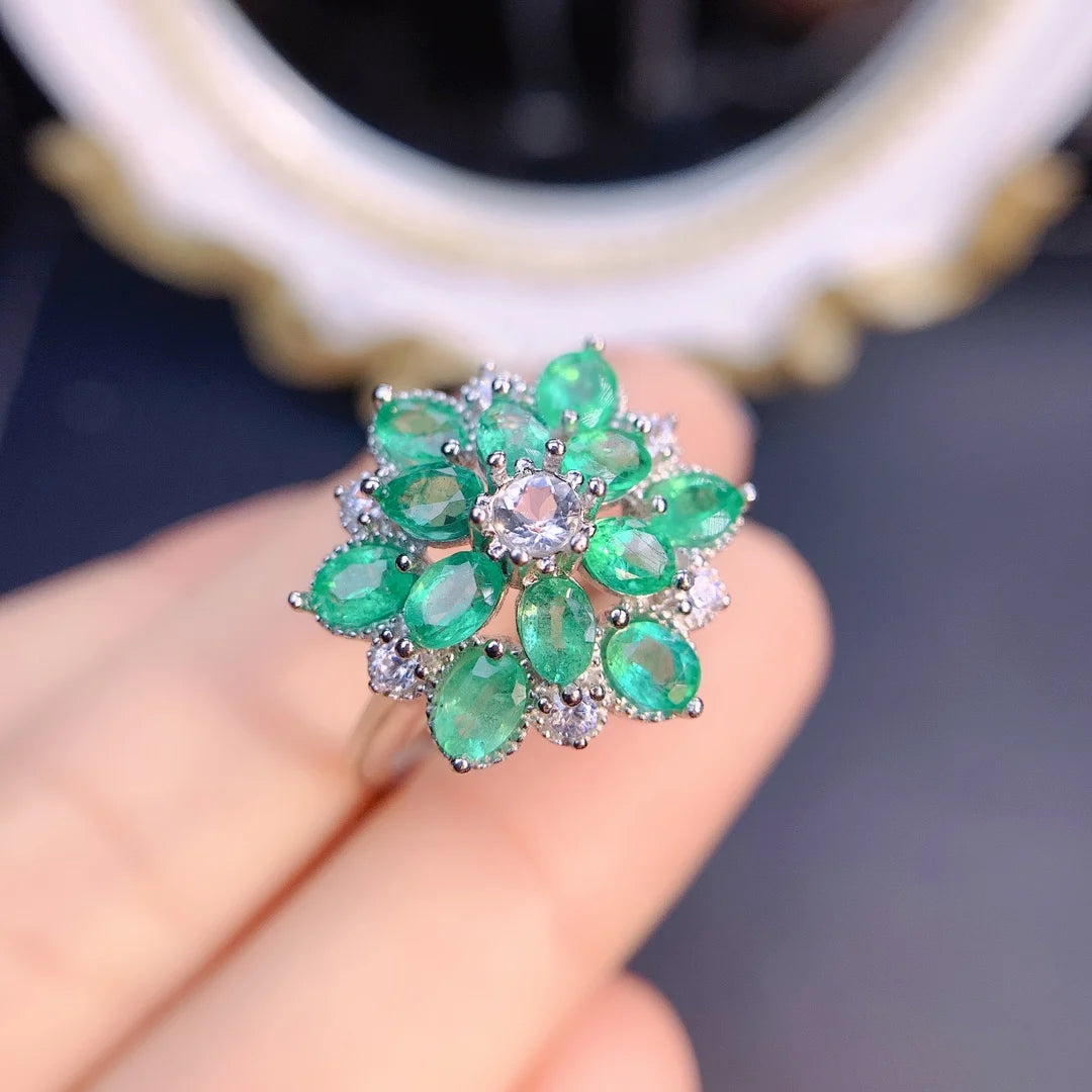 Jewelryhaven720™ Natural 3*4 Colombian Emerald Luxury Flower Ring S925 Sterling Silver Fashion Exquisite Wedding Glamour Jewelry for Women