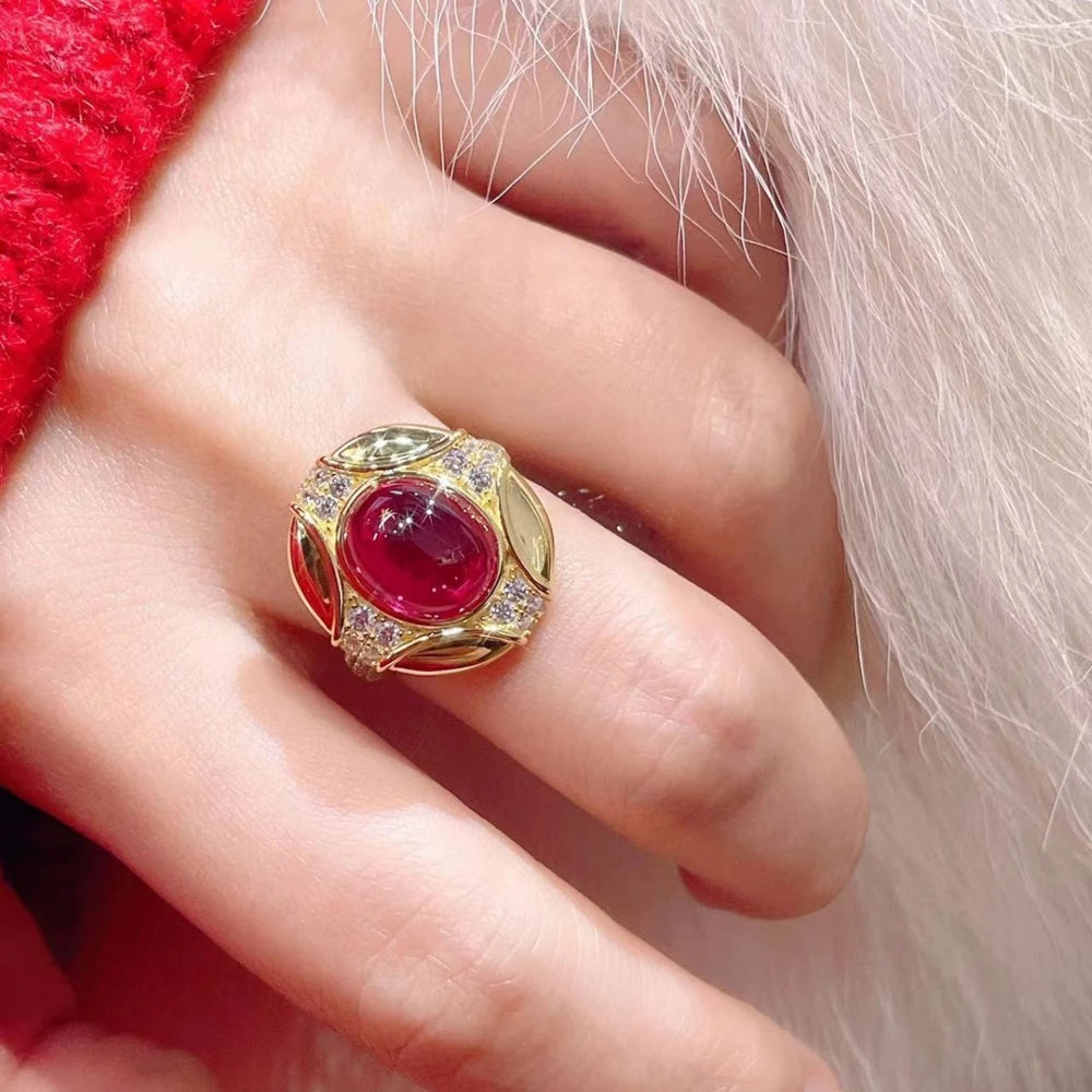 Jewerlyhaven720™ Wong Rain Vintage 925 Sterling Silver Oval Ruby and Diamond Party Ring 18K Gold Plated.Jewelryhaven