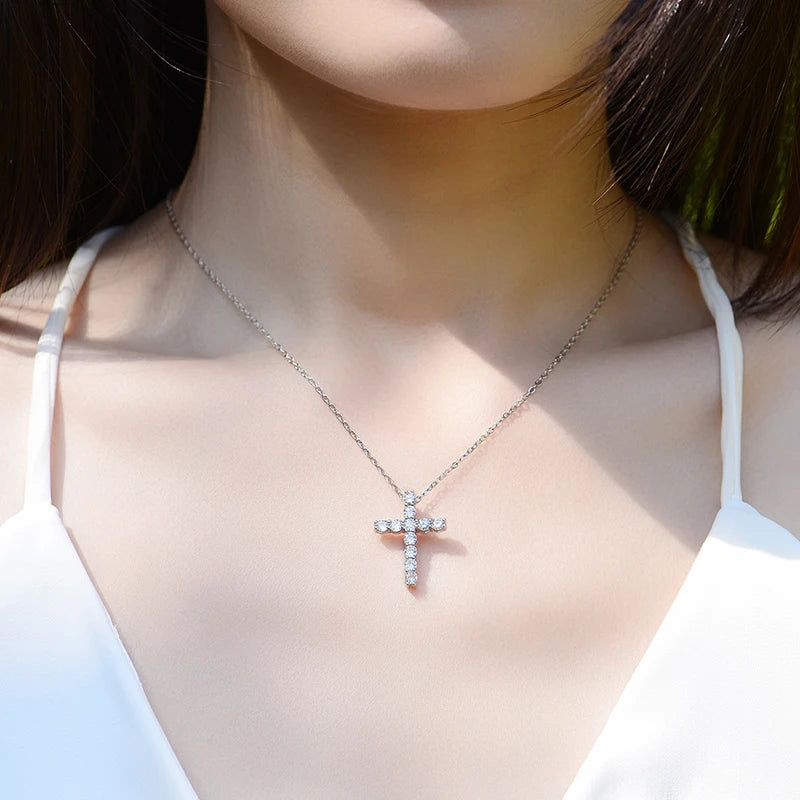 Jewelryhaven720™ Solid Moissanite Cross Pendant Necklace, Original 925 Sterling Silver Chain with 18K White Gold Plated.