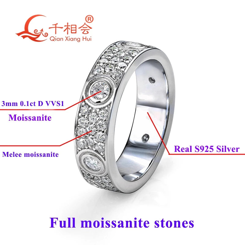 Jewelryhaven720™ 925 silver solid rings Classic Love Three Rows Of Luxury Eternity Ring D VVS Moissanite Wedding Engagement Ring Ladies men