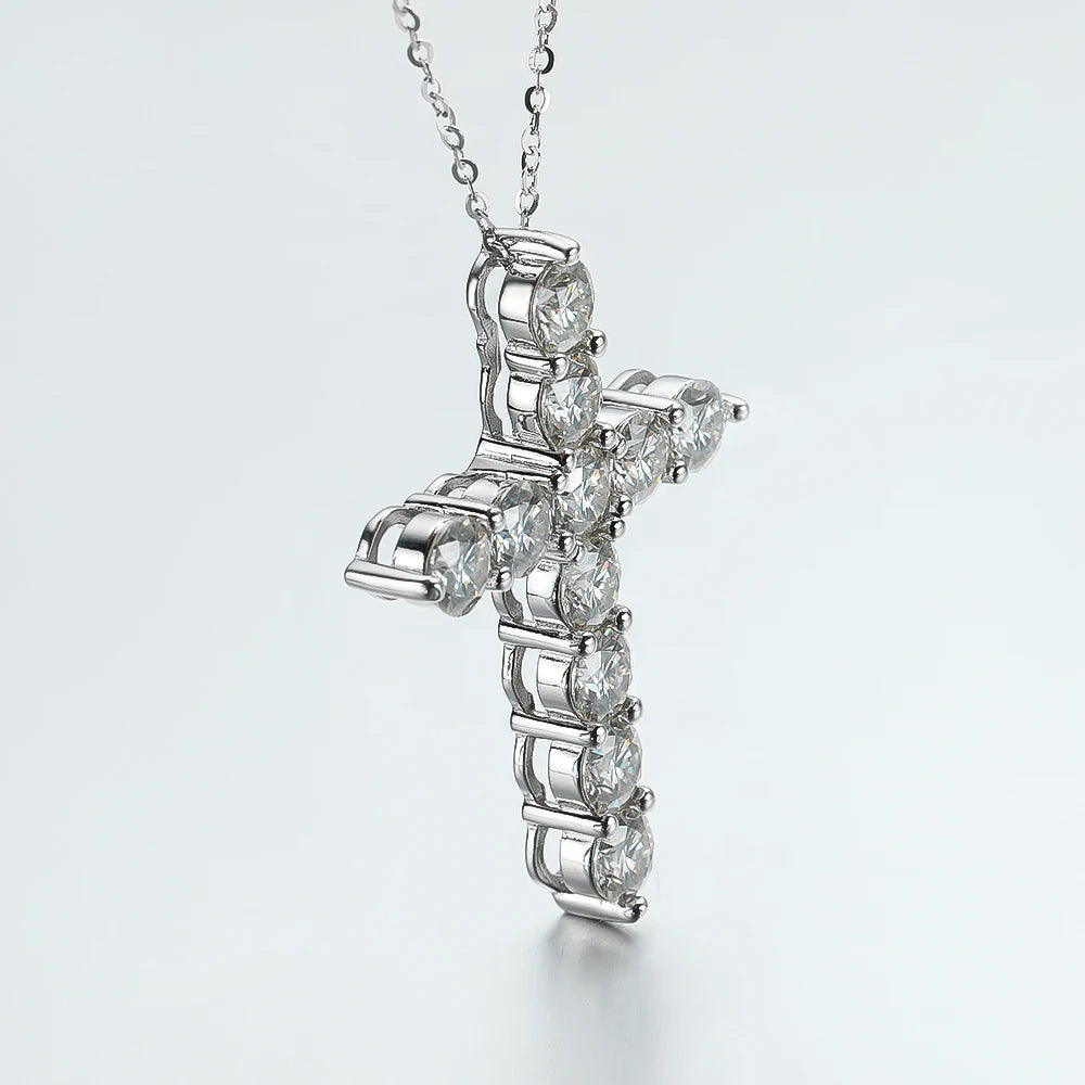 Jewelryhaven720™ Solid Moissanite Cross Pendant Necklace, Original 925 Sterling Silver Chain with 18K White Gold Plated.