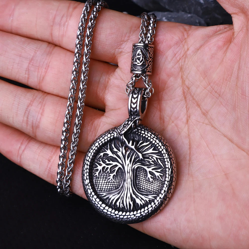 Jewelryhaven720™ Nordic Yggdrasil Viking Tree of Life Pendant Necklace Stainless Steel Viking Ourobles Necklace Men Vintage Fashion Charm Jewelry