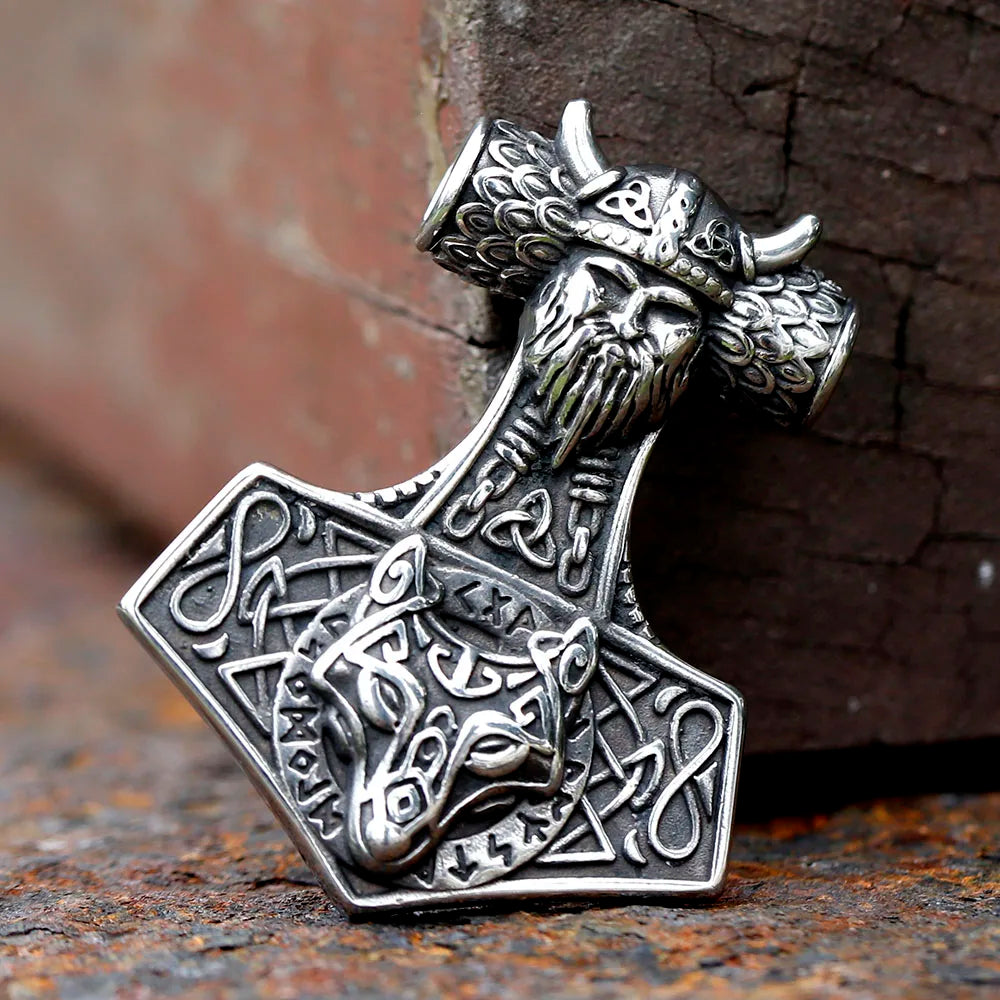 Jewelryhaven720™ 2023 Vintage Viking Thor And Wolf Head Celtic Knot Pendant Necklace 316L Stainless Steel Men Chain Odin Gothic Amulet Jewelry