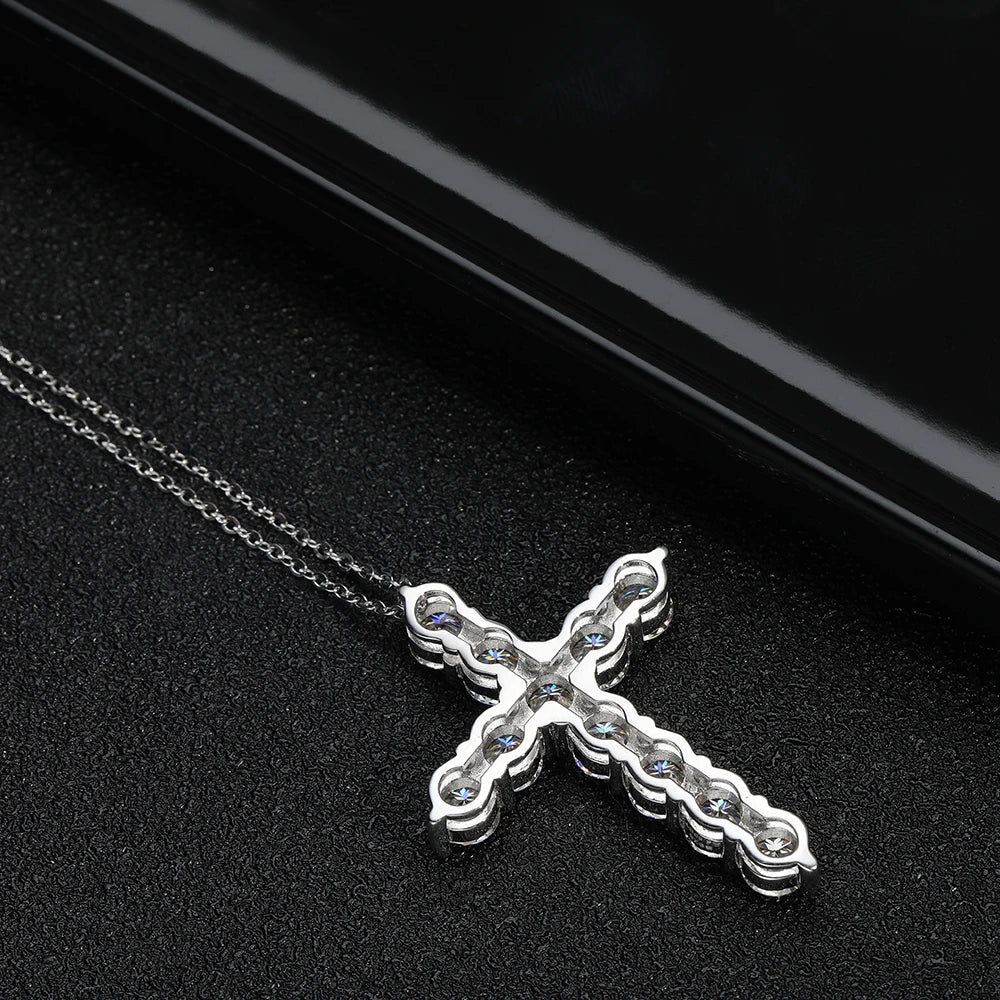 Jewelryhaven720™ Solid Moissanite Cross Pendant Necklace, Original 925 Sterling Silver Chain with 18K White Gold Plated.