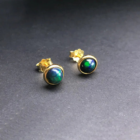 Jewelryhaven720™ Elegant stud earrings made of natural, precious black opal 5 mm, sterling silver 925,