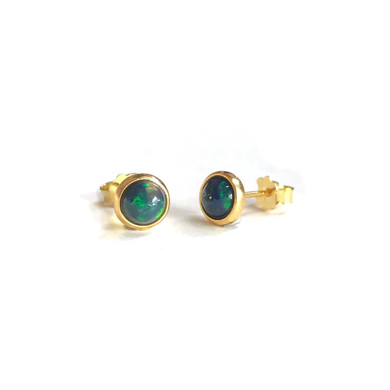 Jewelryhaven720™ Elegant stud earrings made of natural, precious black opal 5 mm, sterling silver 925,