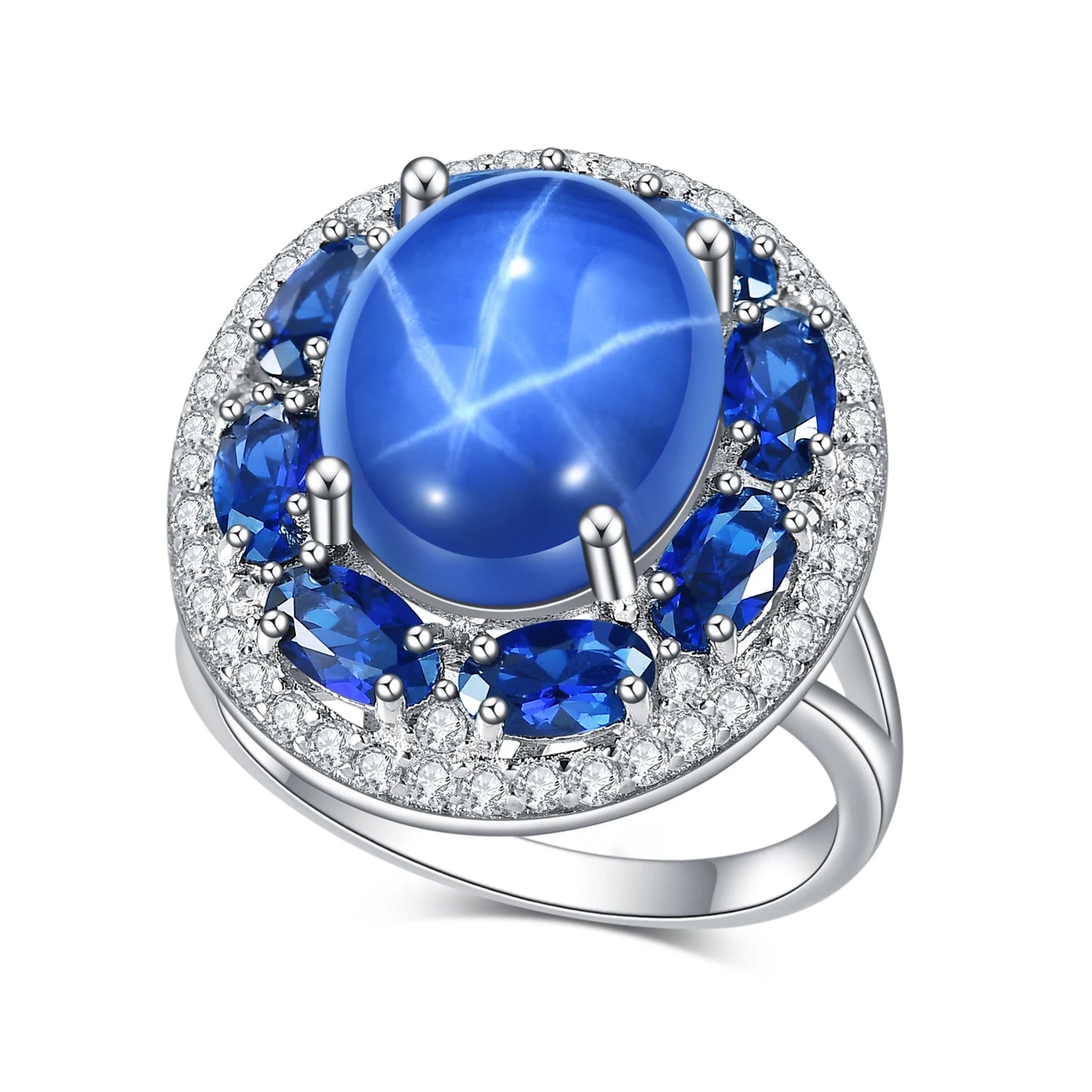 Jewelryhaven720™ 925 Sterling Silver Rings 10X12mm Lab Star Sapphire 3X5mm Sapphire .Modern Luxury Style For Women