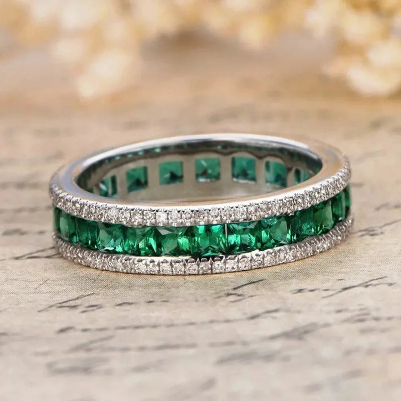 Jewelryhaven720™ 925 Sterling Silver Full Princess Square Green CZ Promise Rings for Women Luxury Trendy Female Accessories Wedding Jewelry