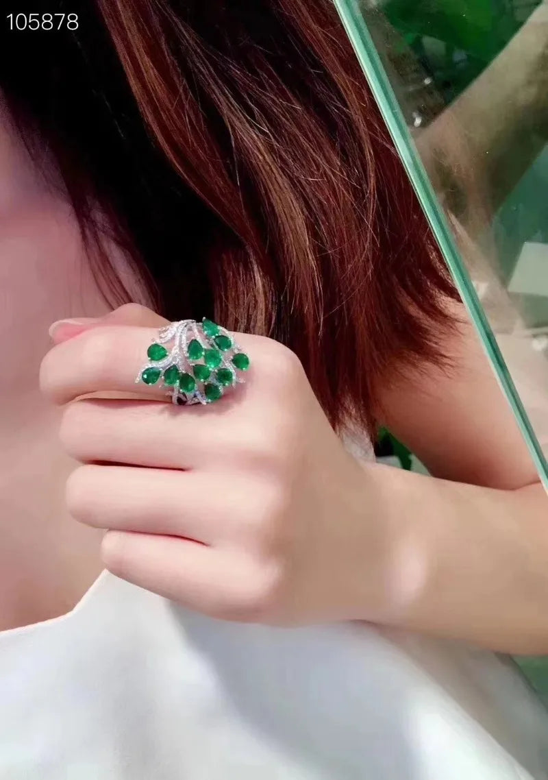 Jewelryhaven720™ 925 Sterling Silver Ring with Natural Emeralds 3mm * 4mm