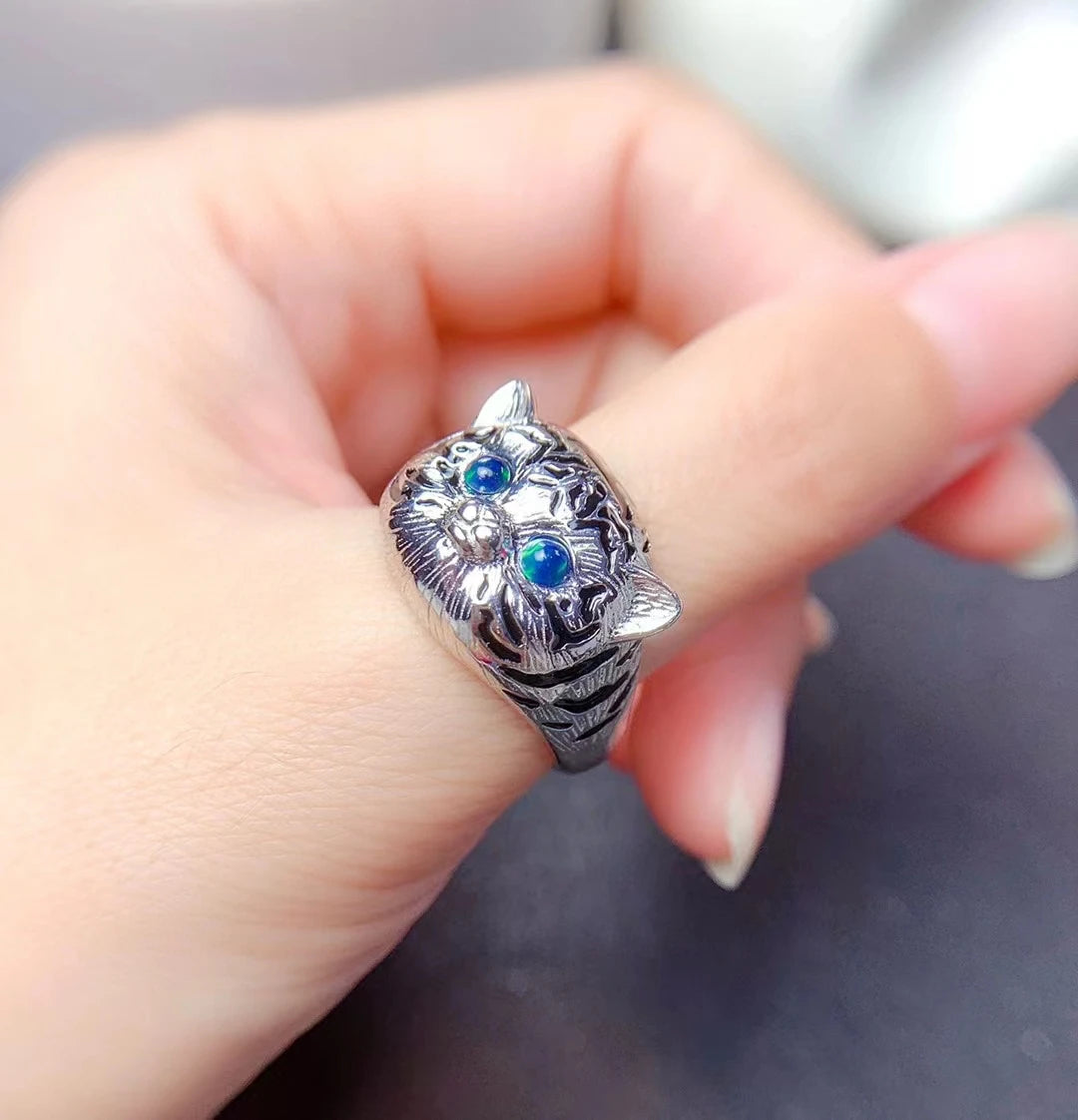 Jewelryhaven720™ Newest Natural Black Opal Ring Real 925 Sterling Silver Lovely Cat  Style Ring Fire Secret Birthstone Good GIft