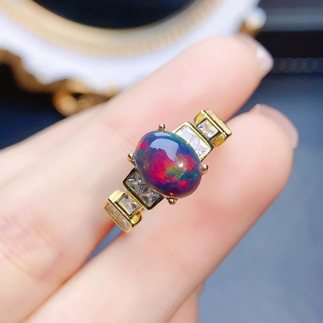 Jewelryhaven720™ Ring 925 Sterling Silver Inlay 7*9mm Natural Australian Black Opal Fashionable Elegant Ring For Women