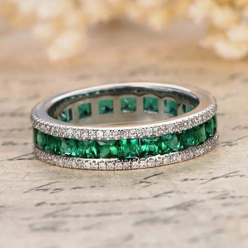 Jewelryhaven720™ 925 Sterling Silver Full Princess Square Green CZ Promise Rings for Women Luxury