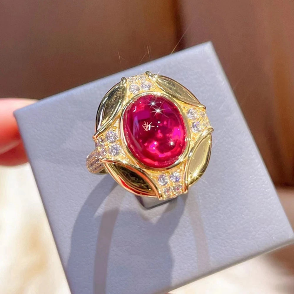 Jewelryhaven720™ Wong Rain Vintage 925 Sterling Silver Oval Ruby and Diamond Party Ring 18K Gold Plated