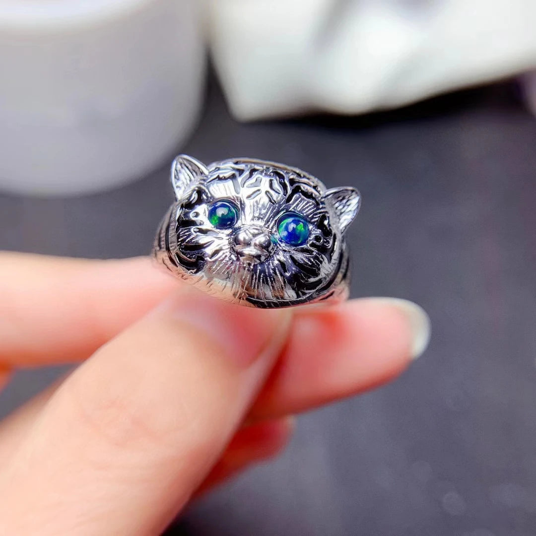 Jewelryhaven720™ Newest Natural Black Opal Ring Real 925 Sterling Silver Lovely Cat  Style Ring Fire Secret Birthstone Good GIft