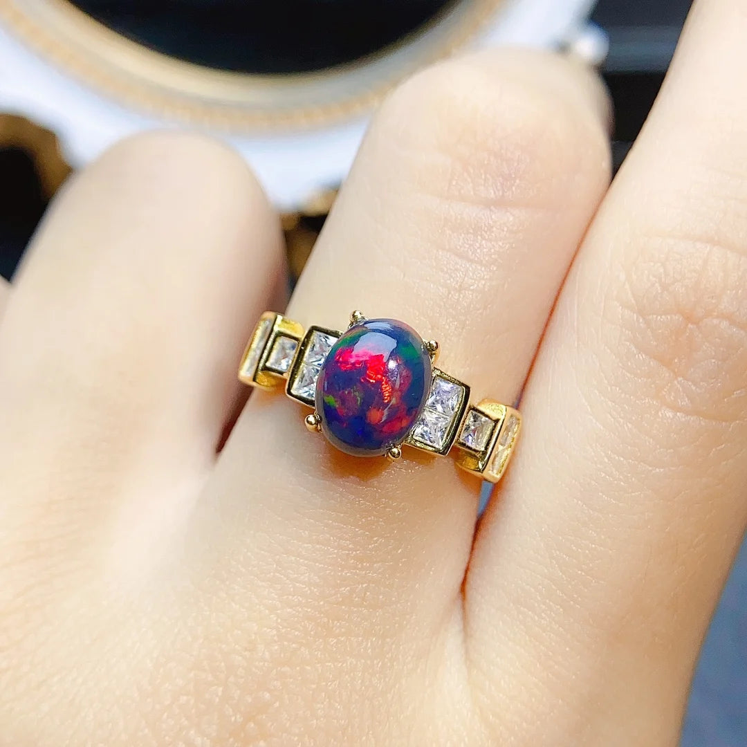 Jewelryhaven720™ Ring 925 Sterling Silver Inlay 7*9mm Natural Australian Black Opal Fashionable Elegant Ring For Women