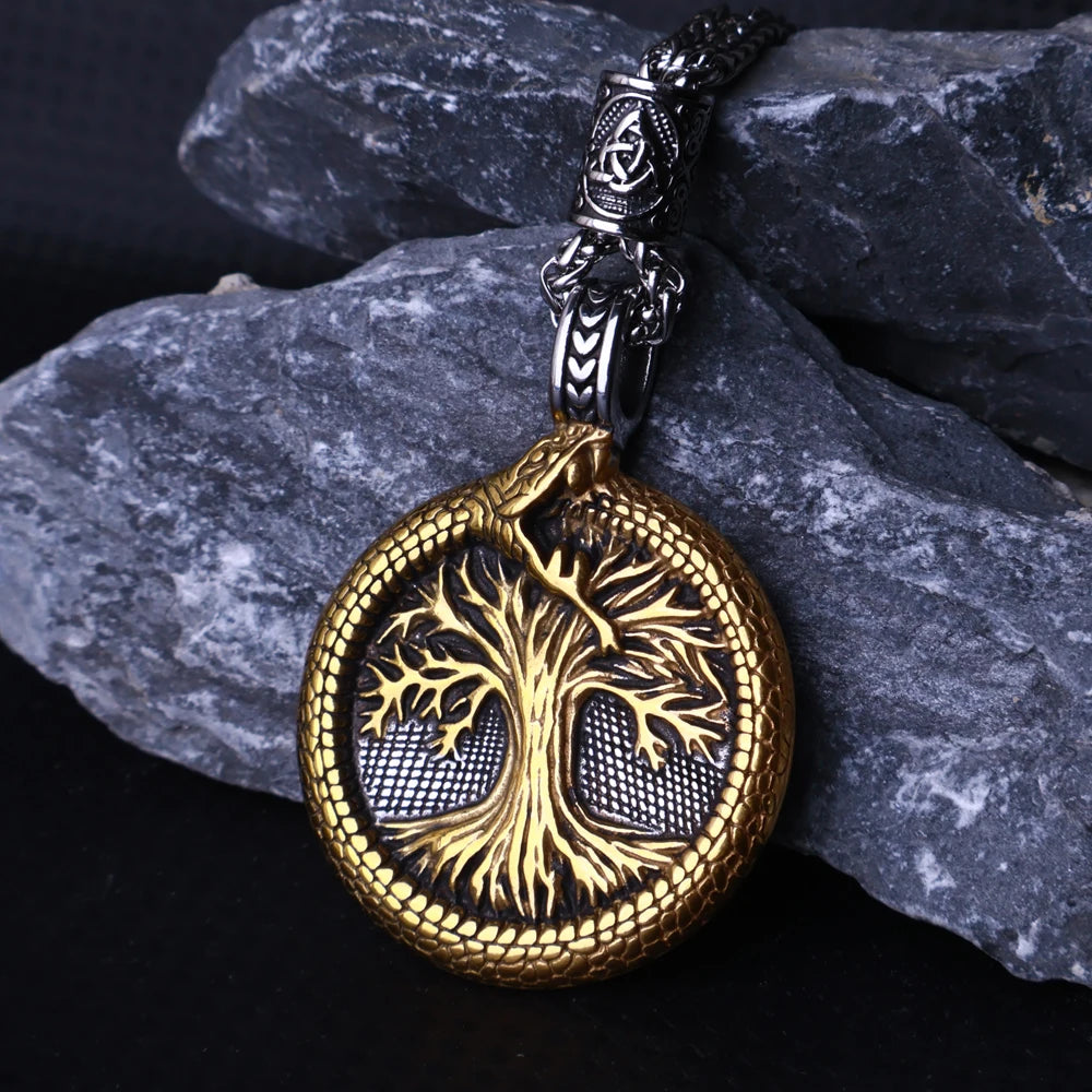 Jewelryhaven720™ Nordic Yggdrasil Viking Tree of Life Pendant Necklace Stainless Steel Viking Ourobles Necklace Men Vintage Fashion Charm Jewelry