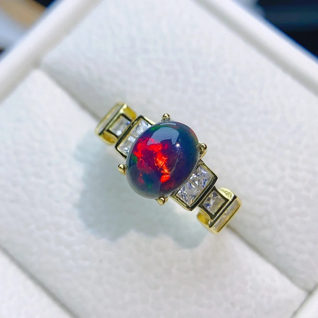 Jewelryhaven720™ Ring 925 Sterling Silver Inlay 7*9mm Natural Australian Black Opal Fashionable Elegant Ring For Women