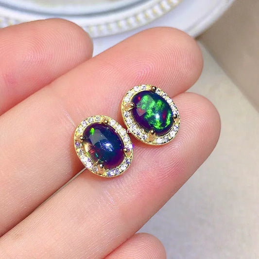 Jewelryhaven720™ Natural Australian Opal Earrings, 925 Sterling Silver, Natural Black Opal Earrings, 6mm*8mm,