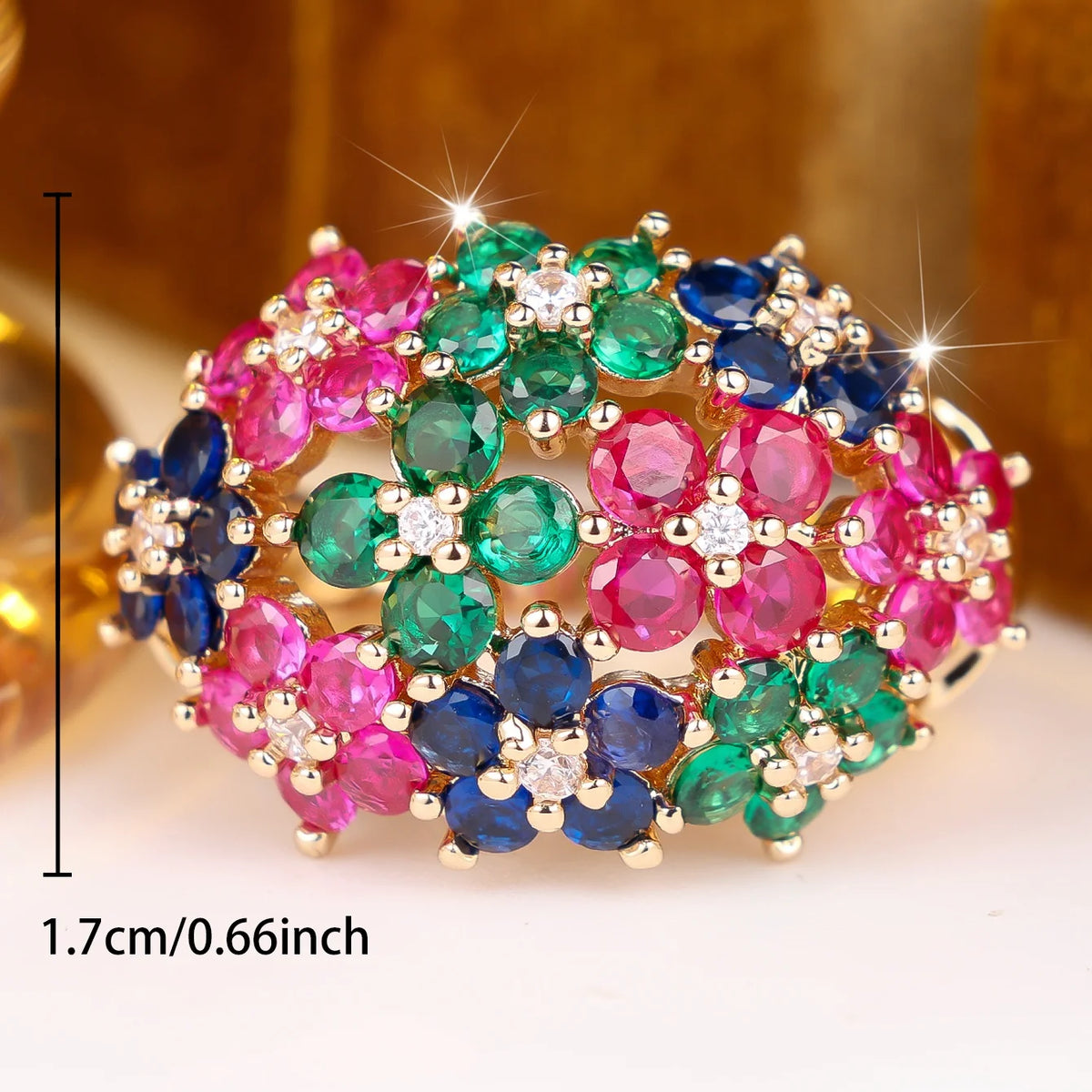 Jewelryhaven720™ Small rainbow cubic zirconia pendant ring, cute geometric cuts, gold color.