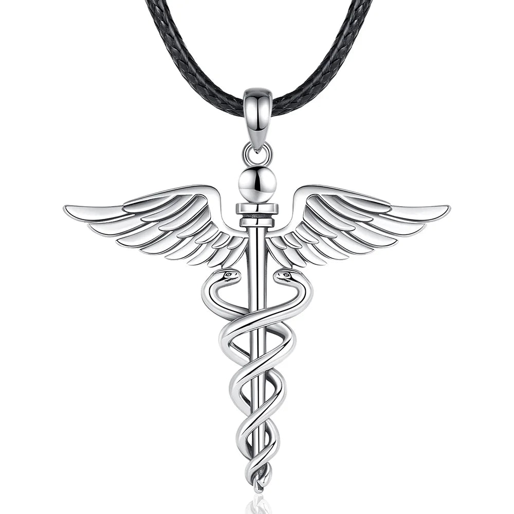 Jewelryhaven720™ 925 Sterling Silver Double Wing Snake Pendant with 7 Chakras, Medical Symbol for Men and Women