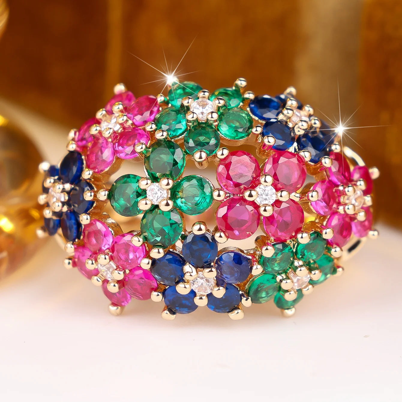 Jewelryhaven720™ Small rainbow cubic zirconia pendant ring, cute geometric cuts, gold color.