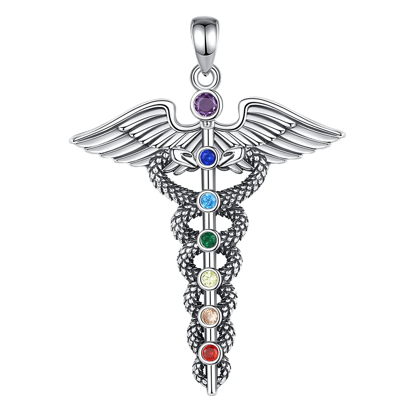 Jewelryhaven720™ 925 Sterling Silver Double Wing Snake Pendant with 7 Chakras, Medical Symbol for Men and Women