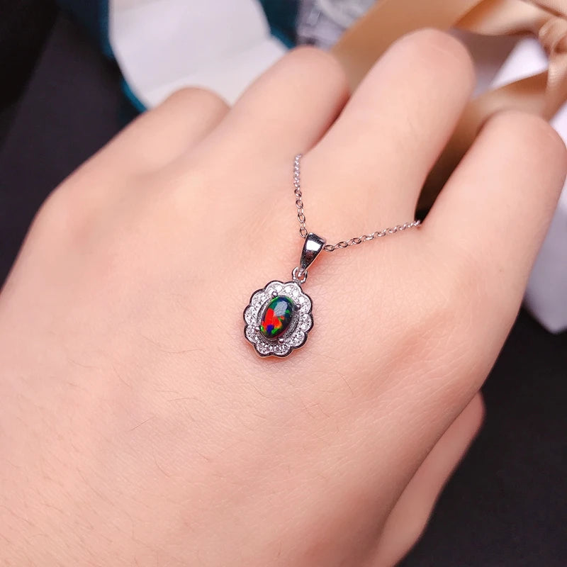 Jewelryhaven720™ Рendants with natural black opal, with a beautiful fiery color. Australia.  Pure silver 925