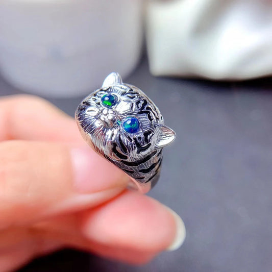 Jewelryhaven720™ Newest Natural Black Opal Ring Real 925 Sterling Silver Lovely Cat  Style Ring Fire Secret Birthstone Good GIft