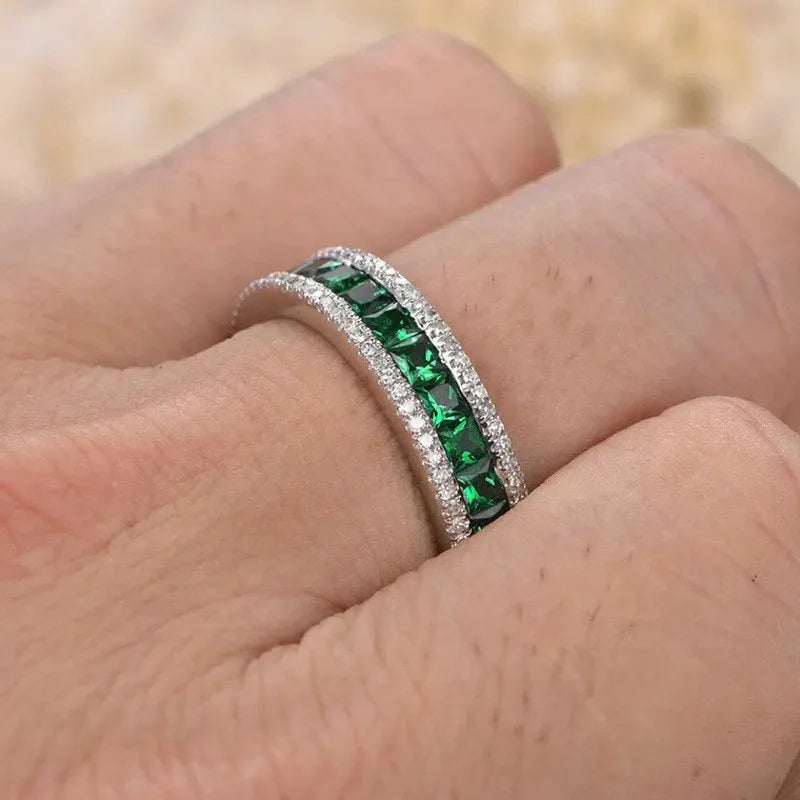 Jewelryhaven720™ 925 Sterling Silver Full Princess Square Green CZ Promise Rings for Women Luxury Trendy Female Accessories Wedding Jewelry