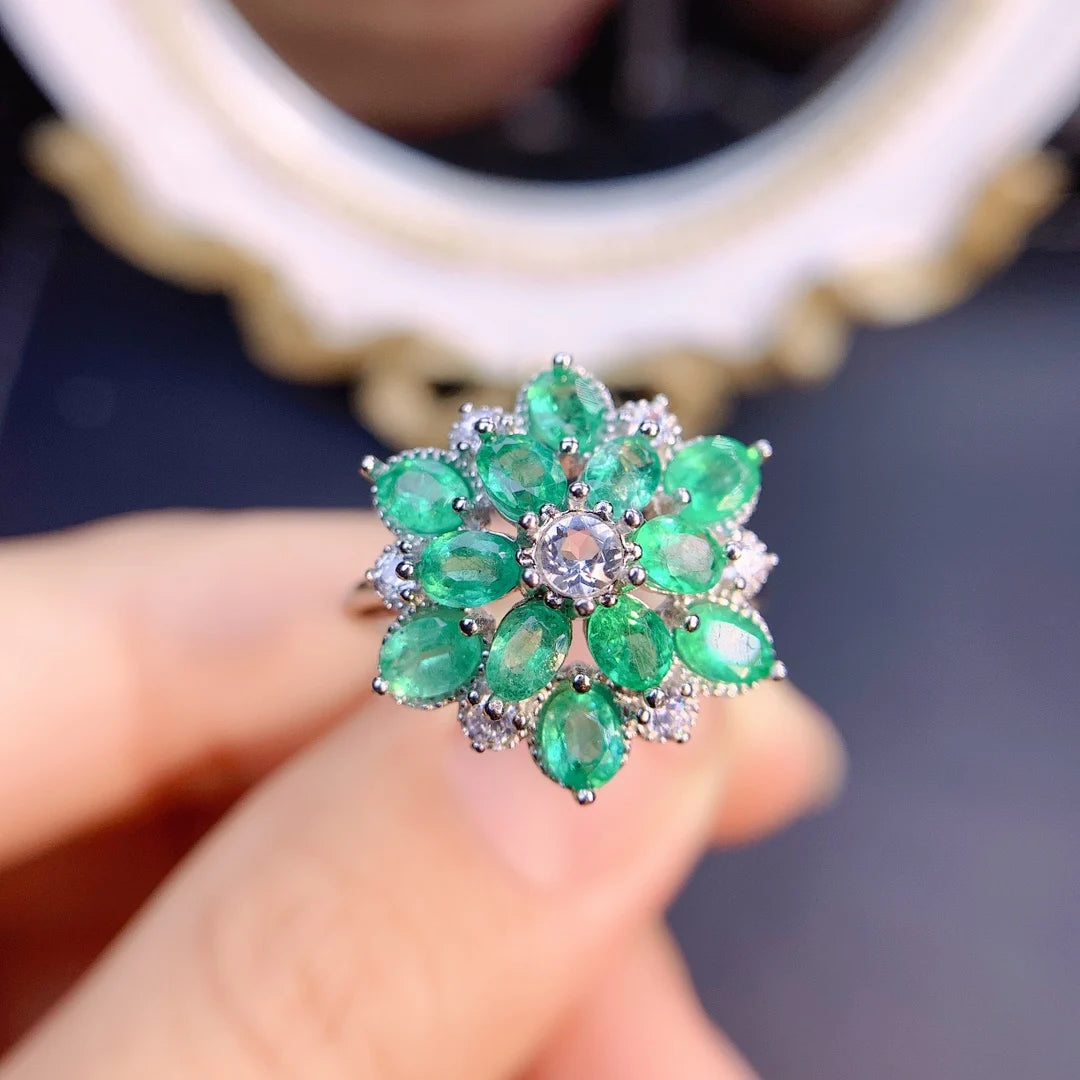 Jewelryhaven720™ Natural 3*4 Colombian Emerald Luxury Flower Ring S925 Sterling Silver Fashion Exquisite Wedding Glamour Jewelry for Women