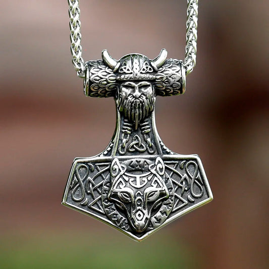 Jewelryhaven720™ 2023 Vintage Viking Thor And Wolf Head Celtic Knot Pendant Necklace 316L Stainless Steel Men Chain Odin Gothic Amulet Jewelry