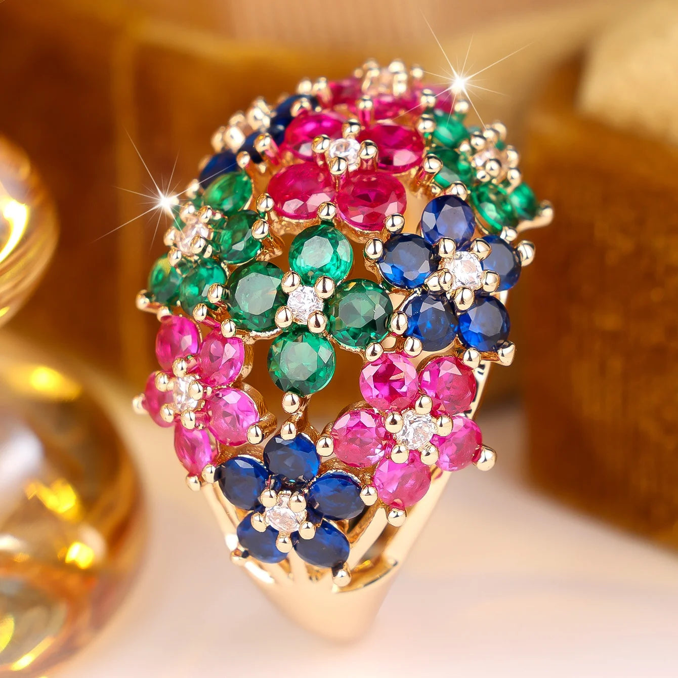 Jewelryhaven720™ Small rainbow cubic zirconia pendant ring, cute geometric cuts, gold color.