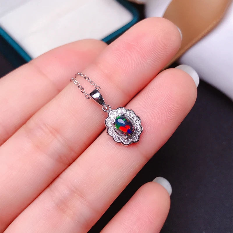 Jewelryhaven720™ Рendants with natural black opal, with a beautiful fiery color. Australia.  Pure silver 925