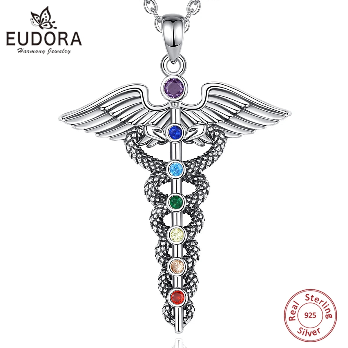 Jewelryhaven720™ 925 Sterling Silver Double Wing Snake Pendant with 7 Chakras, Medical Symbol for Men and Women