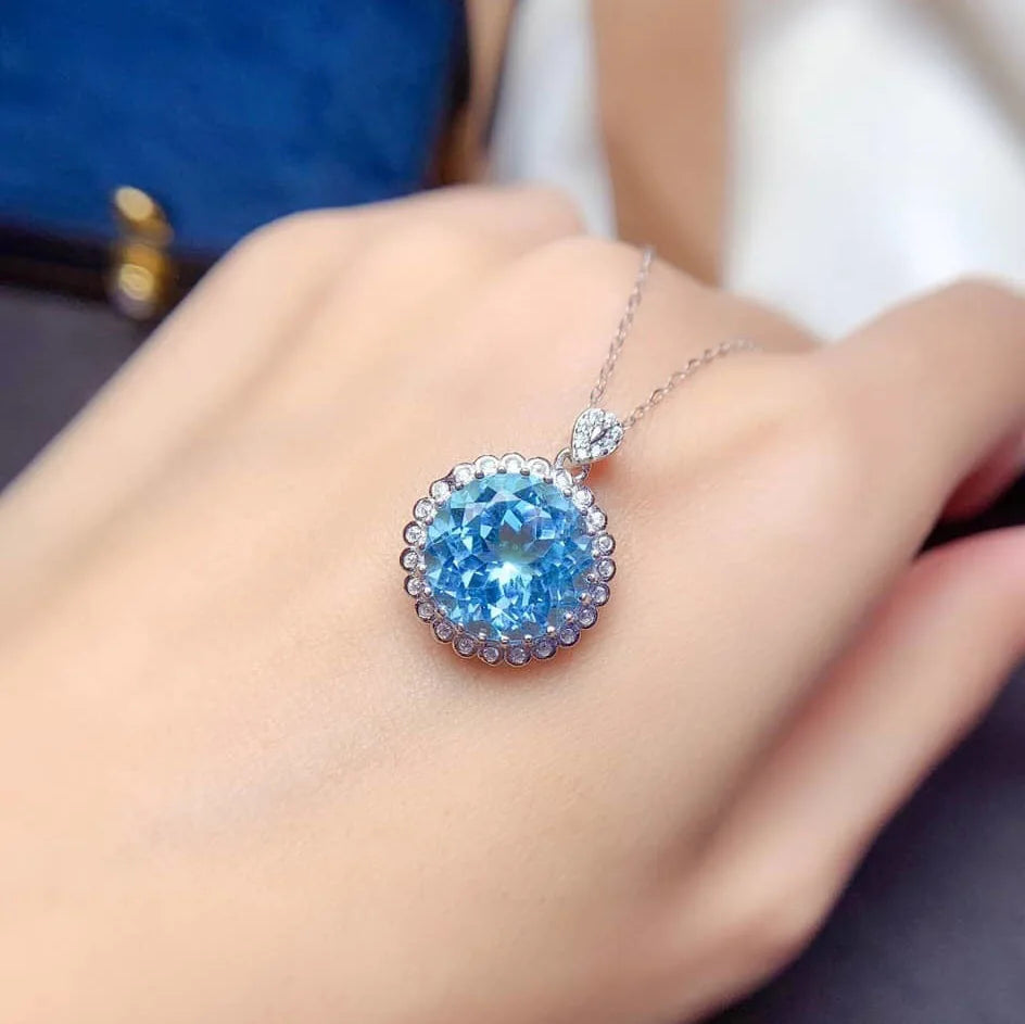 Jewerlyhaven720™ Natural Blue Topaz Pendants Necklaces For Women 925 Sterling Silver Romantic Gift