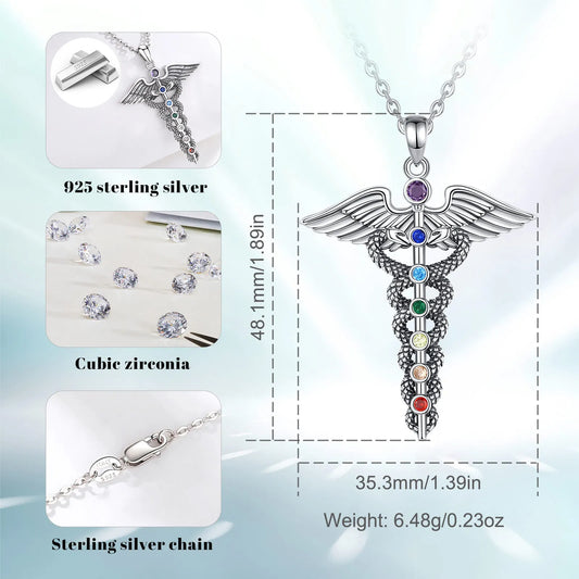 Jewelryhaven720™ 925 Sterling Silver Double Wing Snake Pendant with 7 Chakras, Medical Symbol for Men and Women