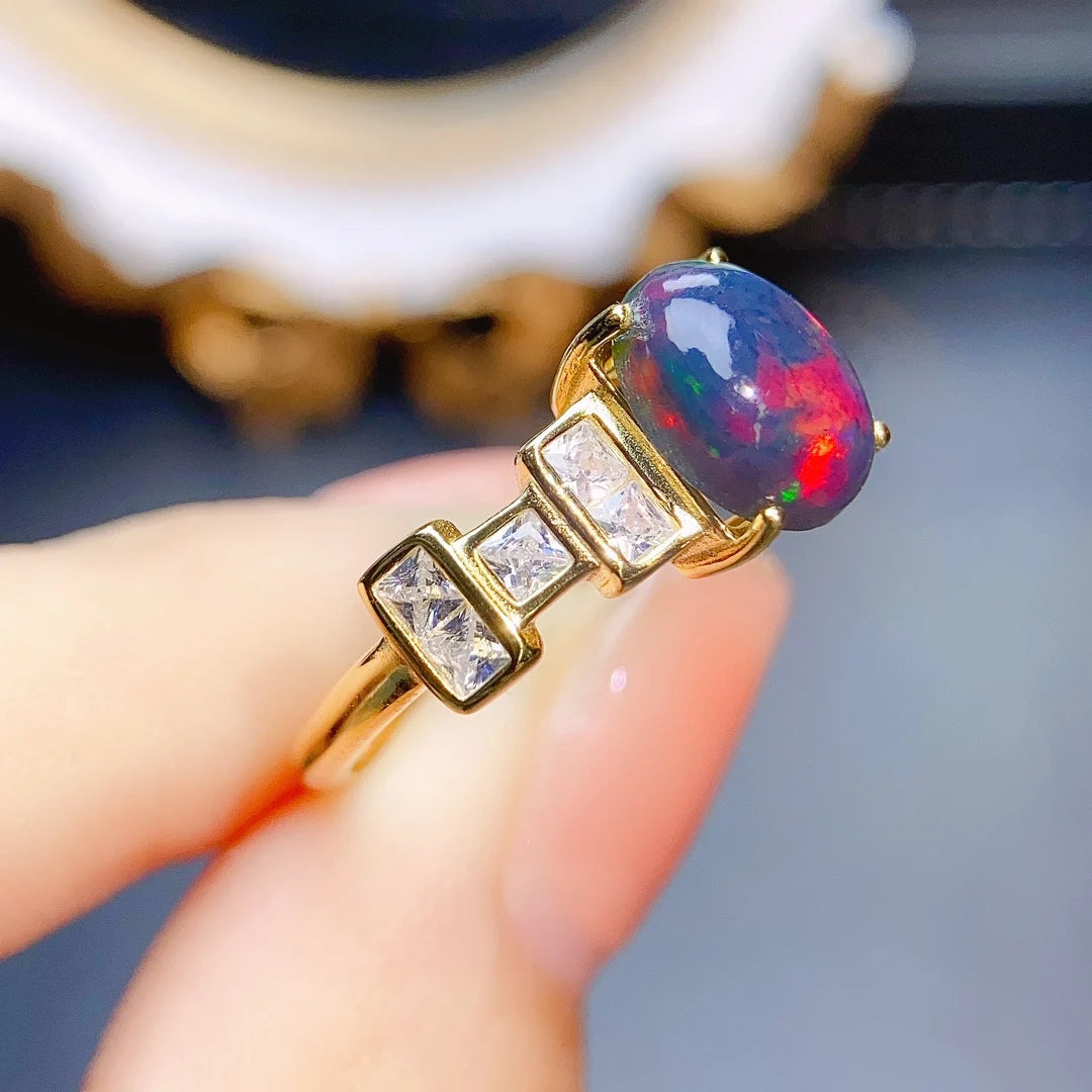 Jewelryhaven720™ Ring 925 Sterling Silver Inlay 7*9mm Natural Australian Black Opal Fashionable Elegant Ring For Women