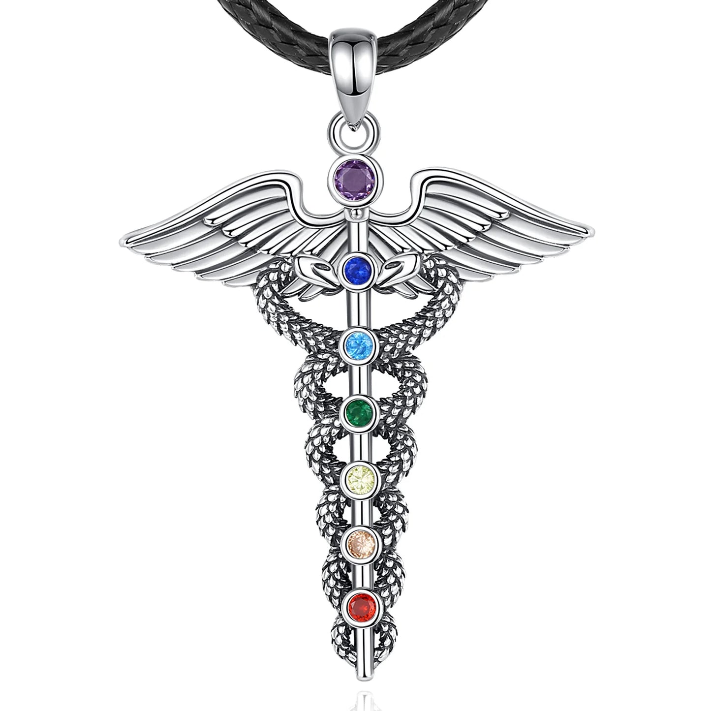 Jewelryhaven720™ 925 Sterling Silver Double Wing Snake Pendant with 7 Chakras, Medical Symbol for Men and Women