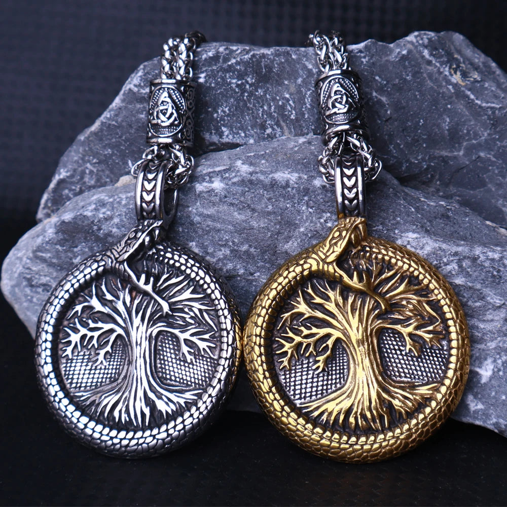Jewelryhaven720™ Nordic Yggdrasil Viking Tree of Life Pendant Necklace Stainless Steel Viking Ourobles Necklace Men Vintage Fashion Charm Jewelry
