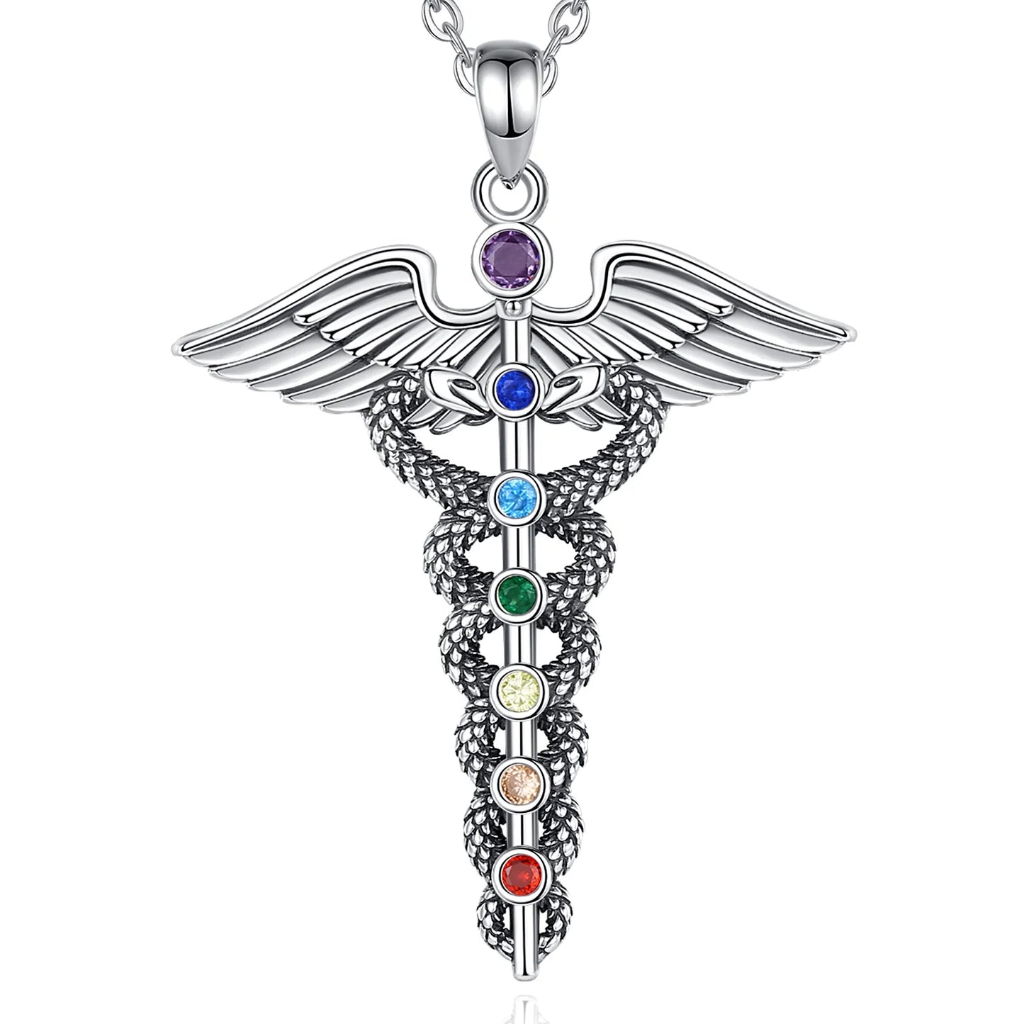 Jewelryhaven720™ 925 Sterling Silver Double Wing Snake Pendant with 7 Chakras, Medical Symbol for Men and Women