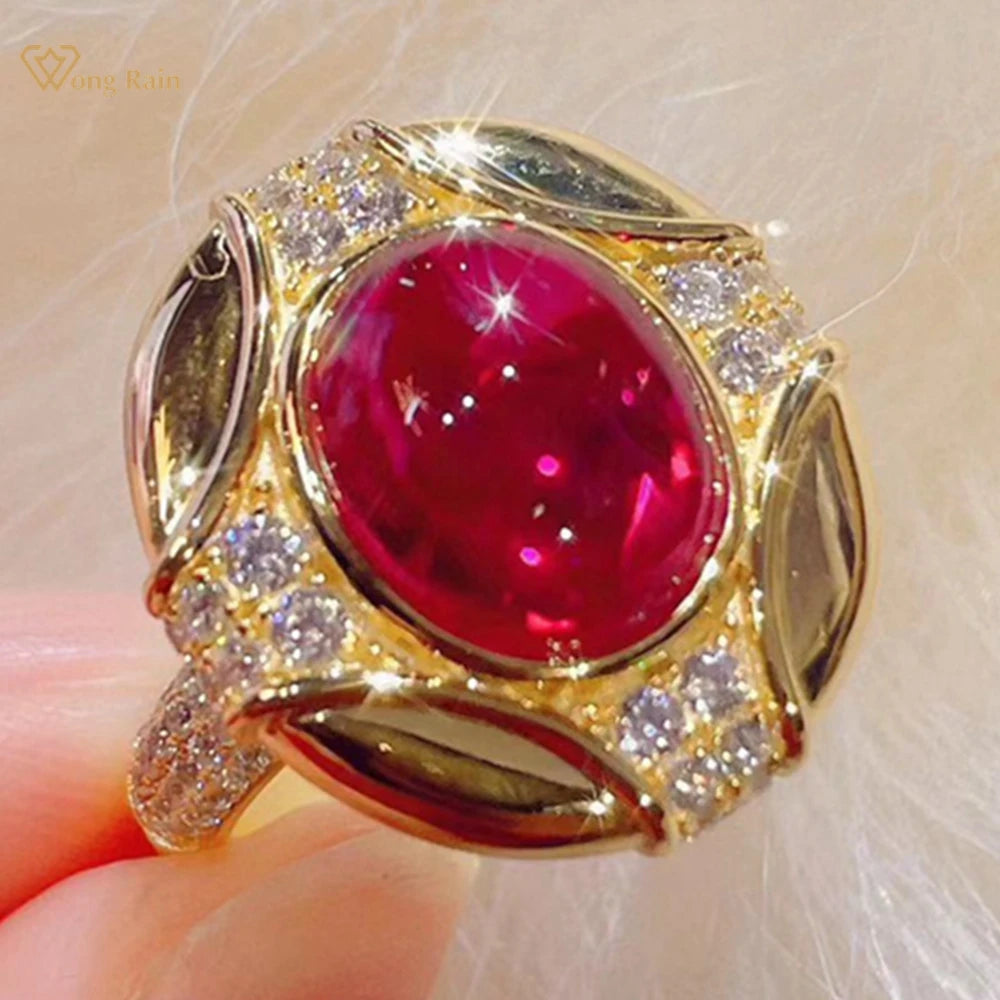 Jewelryhaven720™ Wong Rain Vintage 925 Sterling Silver Oval Ruby and Diamond Party Ring 18K Gold Plated