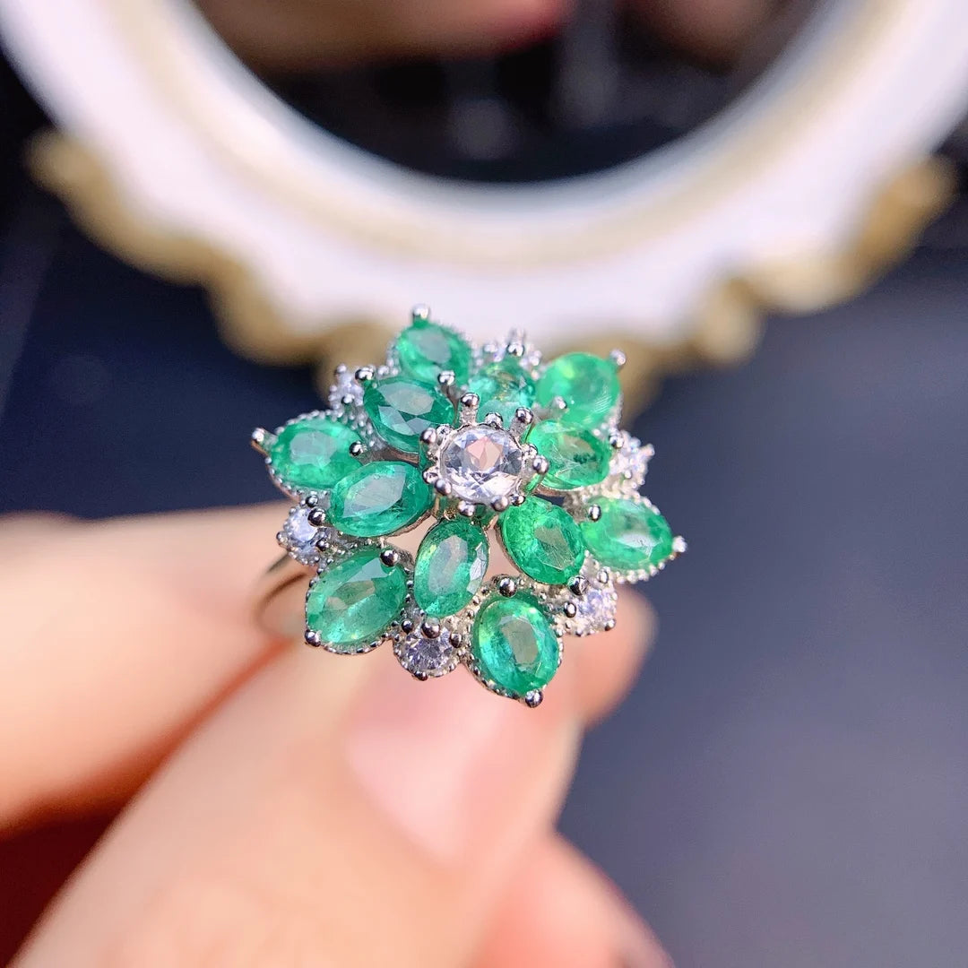 Jewelryhaven720™ Natural 3*4 Colombian Emerald Luxury Flower Ring S925 Sterling Silver Fashion Exquisite Wedding Glamour Jewelry for Women