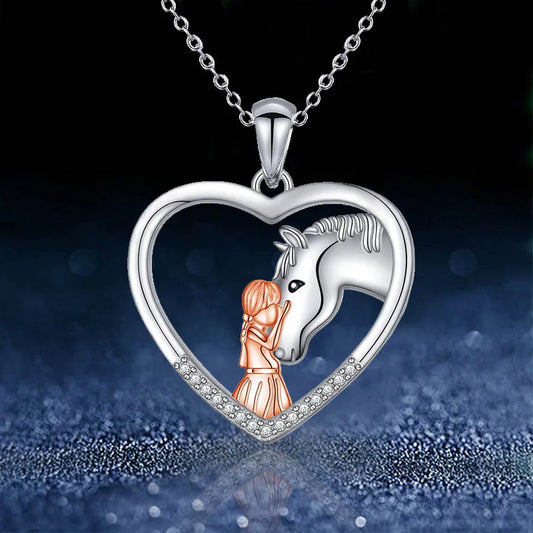 Jewelryhaven720™ 1Pc Chic Girl and Horse Necklace for Women Exquisite Animal Heart Shaped Pendant Clavicle Chain DIY Jewelry Mother's Day Gift