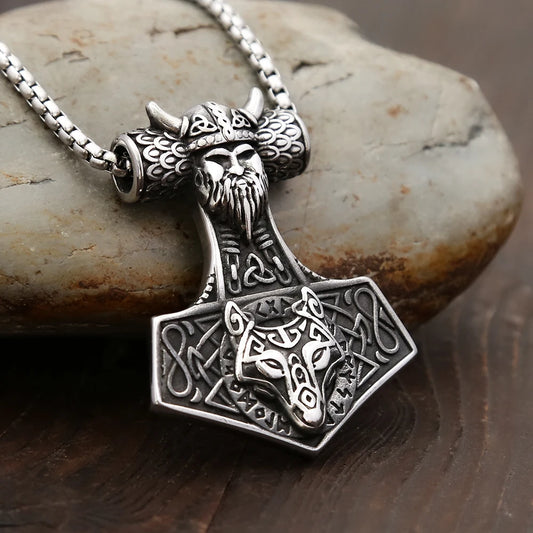 Jewelryhaven720™ New Vintage Vikings Warrior With Wolf Pendant For Men Boys 316L Stainless Steel Nordic Hammer Necklace Amulet Jewelry Wholesale