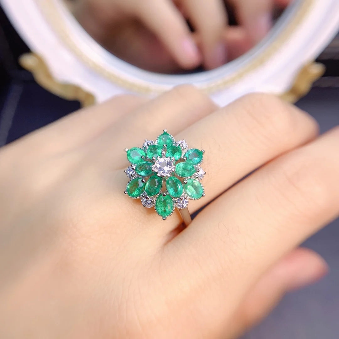 Jewelryhaven720™ Natural 3*4 Colombian Emerald Luxury Flower Ring S925 Sterling Silver Fashion Exquisite Wedding Glamour Jewelry for Women